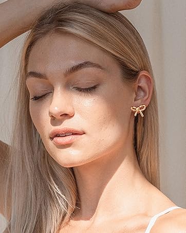 Bow Earrings for Women - Gold Earrings for Women Trendy Dainty Cute 18K Gold Plated Bow Stud Earrings Ribbon Earrings Prom Earrings Dangle Drop Earrings Statement Earrings Gold Jewelry Gifts